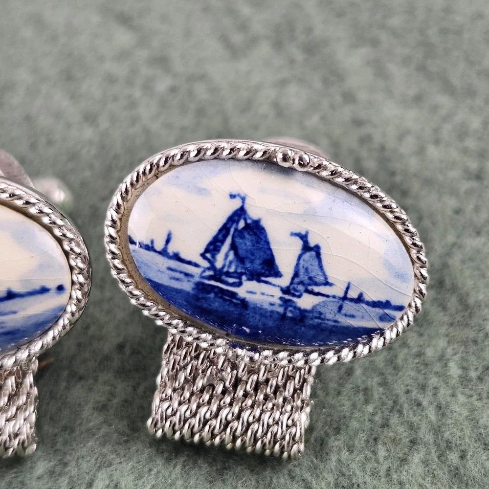 Vintage Swank Arts of the World Delft Porcelain Sailboat Mesh Wrap Cufflinks